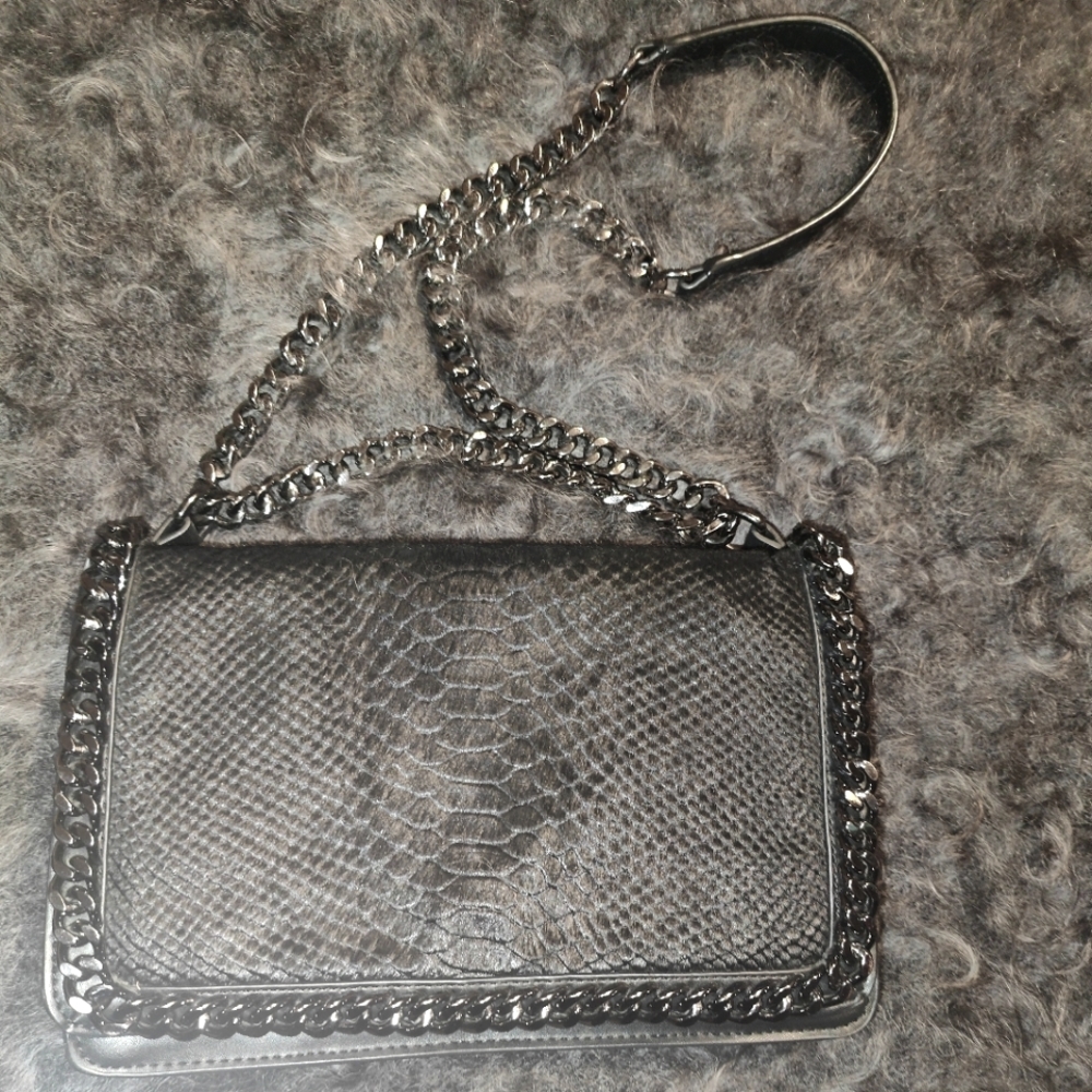 Zara Chain Crossbody Bag Flap Purse Black Faux Ponyhair Magnetic Clasp